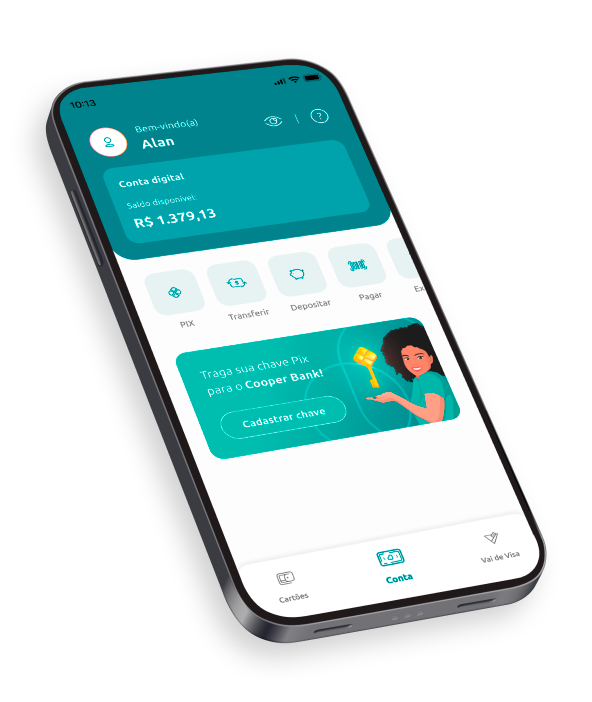 Celular com aplicativo Cooper Bank aberto na tela